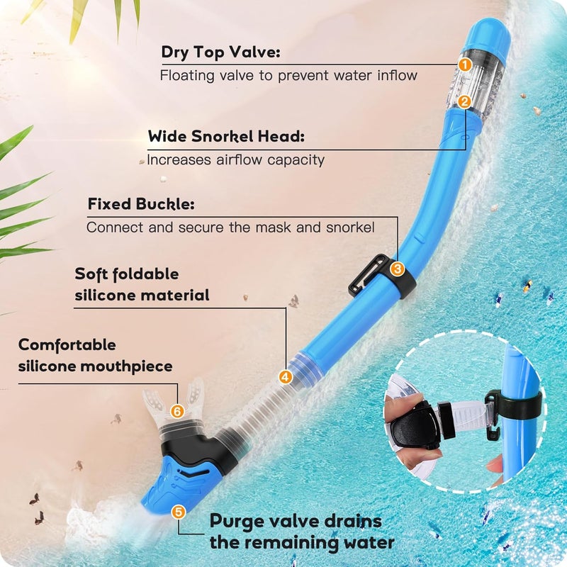 Seovediary Kids Snorkel Set, Anti-Fog Panoramic Tempered Glass Kids Snorkel mask, Anti-Leak Scuba Diving Mask with Mesh Bag, Dry Top Snorkeling Gear for Kids and Youth Age 4-16 - Image 4